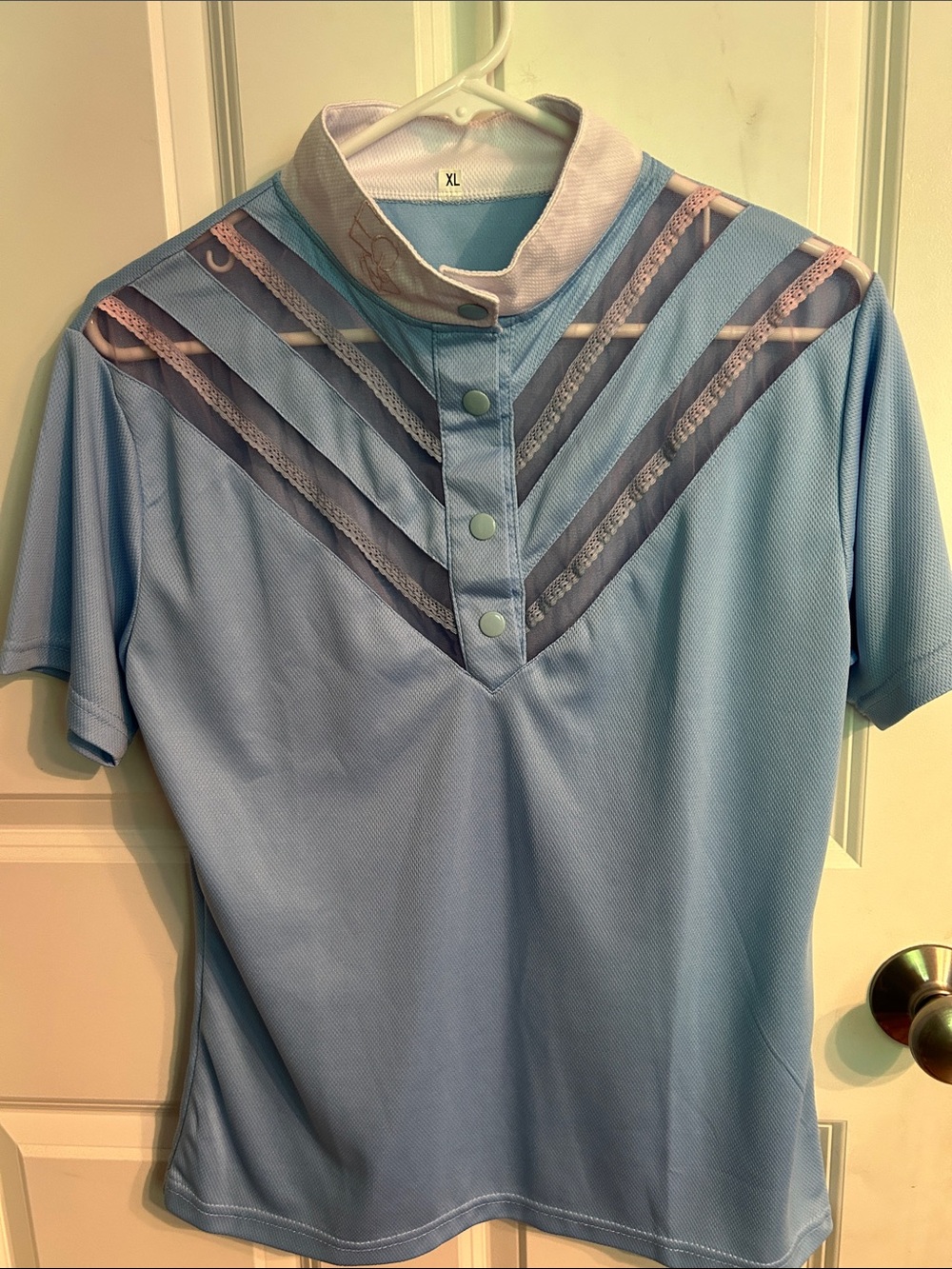 Light Blue Short-Sleeve Mesh Yoke Polo Blouse